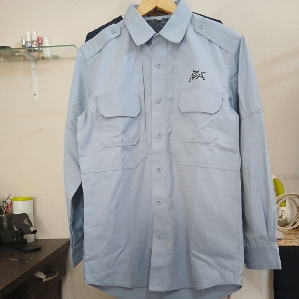 Kemeja tactical outdoor bahan tebal warna biru muda MIDO UNIFORM second Original size S-M ld 102cm p