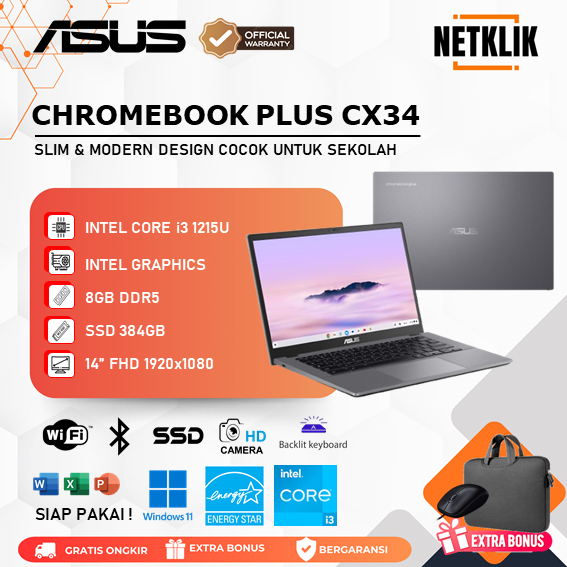Laptop Asus Chromebook Plus - Core i3 8GB 384GB 14.0 FHD Windows 11 Rock Grey
