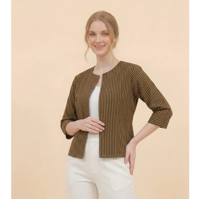 Shanaya Baju Batik Wanita Cardigan Lurik Coklat Tradisional outer vest Kerja Kuliah kondanganEtnic