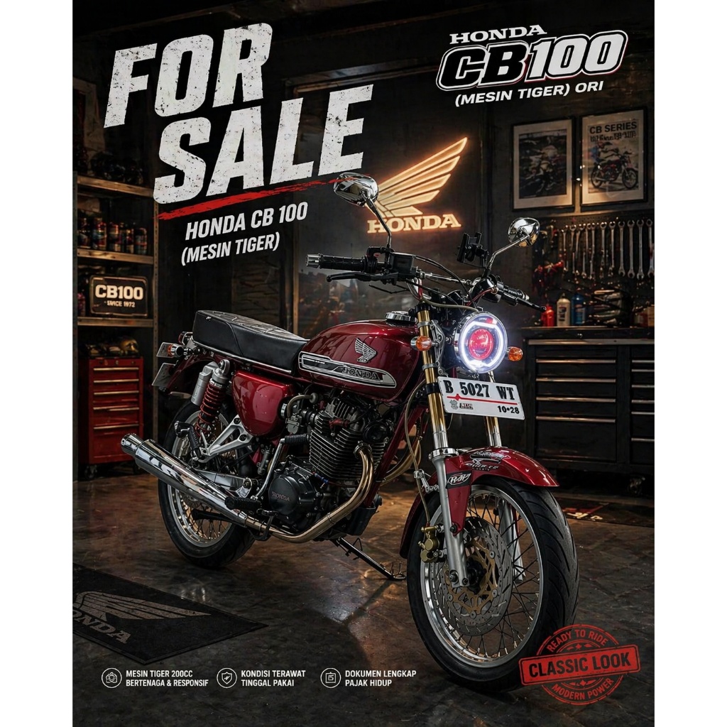 Jual motor Honda CB 100 Mesin Tiger 200CC - Custom Classic Siap Pakai Surat Lengkap