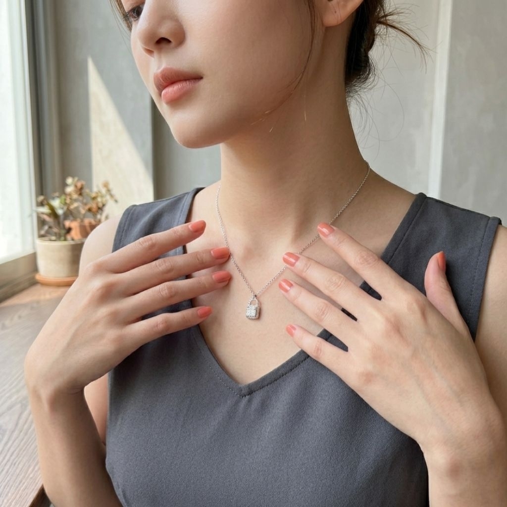 Kalung Wanita Liontin Gembok Permata Kristal Korea Silver Alloy Necklace Aksesoris Fashion Cantik El