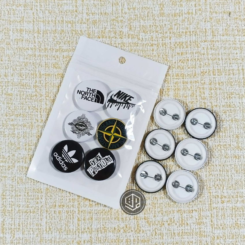 Pin Brosh Paket 1 Set Isi 6 Bahan Glosy Ukuran 2,5 Logo Band Musik Brand Aesthetic