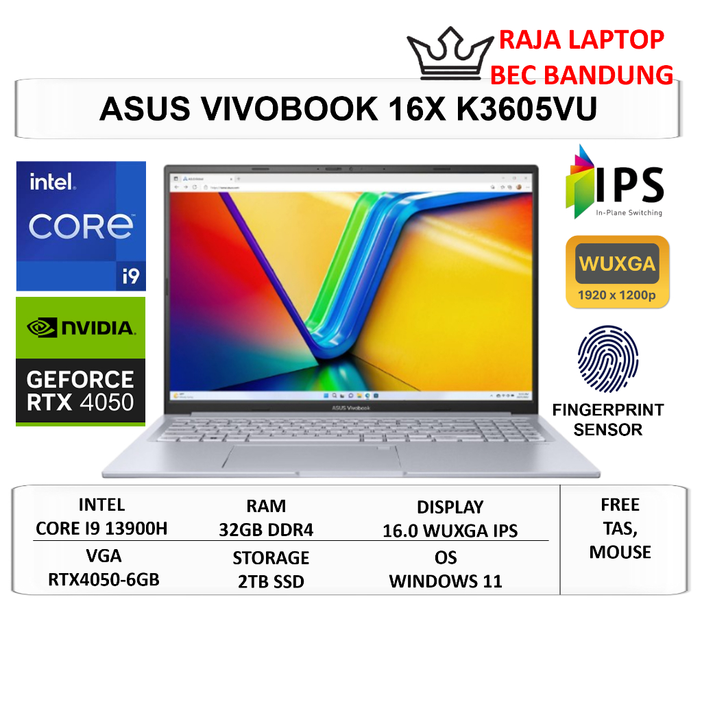 Laptop Gaming Asus Vivobook 16X K3605VU Intel Core i9 13900H Ram 32GB 2TB SSD RTX4050 6GB WUXGA IPS