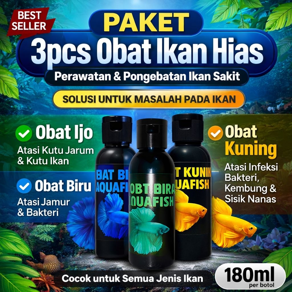 OBAT IKAN CUPANG 3PCS - Obat Biru / Obat Ijo / Obat Kuning - Cupang, Guppy, Tetra, Glowfish, Koi, Ko