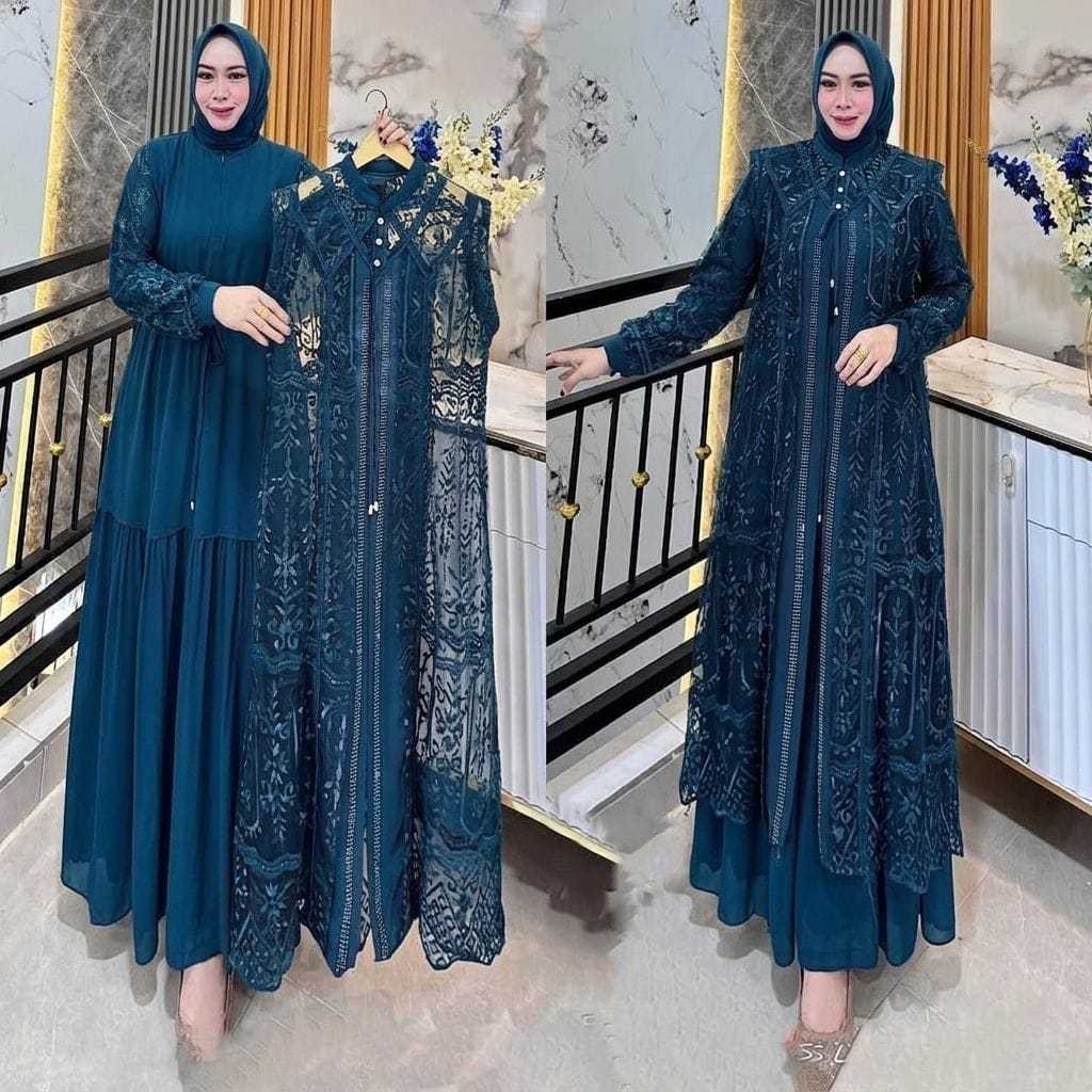 Diskon Gamis Set Outher Full Brukat / Sellena Dress Kebaya Kondangan Emerald Blue