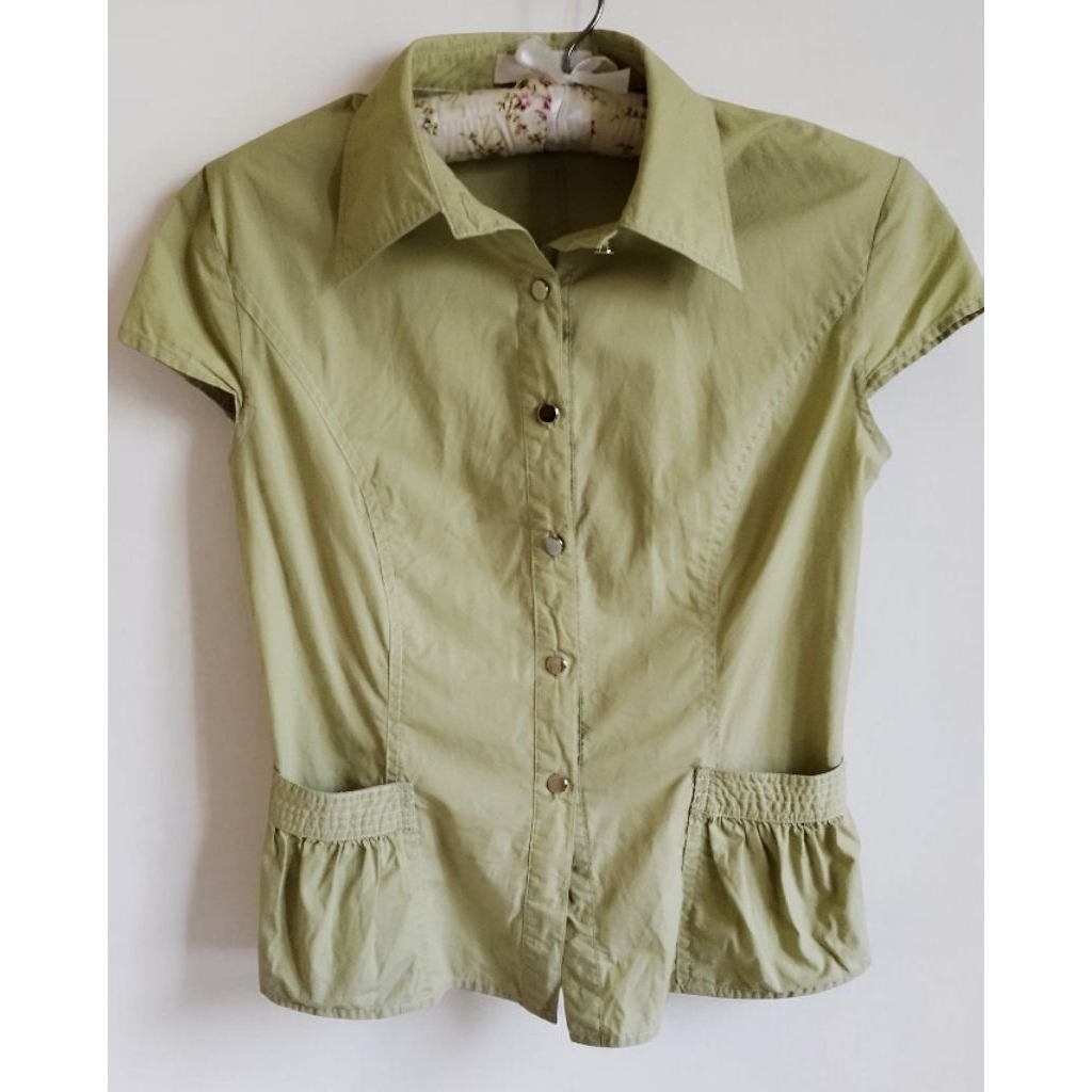 Kemeja Wanita Vintage Korean Style Hijau Lemon | Blouse Cewek Retro Estetik | Atasan Unik Thrift