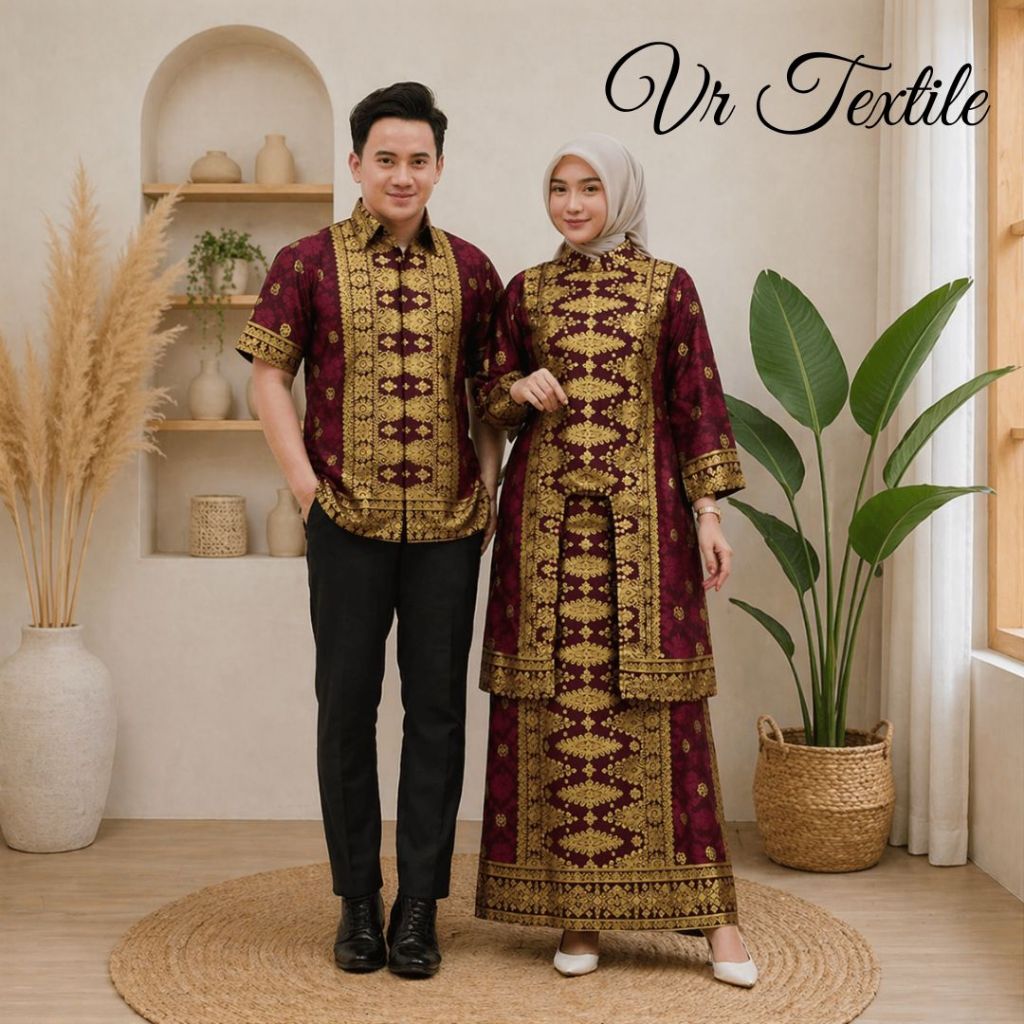 VR Textile - Setelan Couple Batik Songket Palembang Maroon Premium | Baju Keluarga Dewasa & Anak Ter