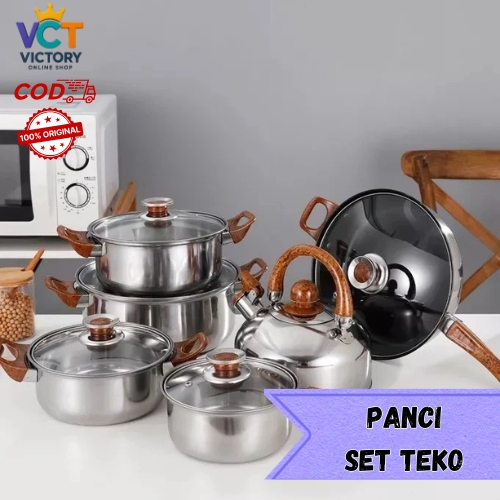 Panci Set Stainles Steel + Teko/Cookware Set Gagang Motif Kayu Tutup Kaca