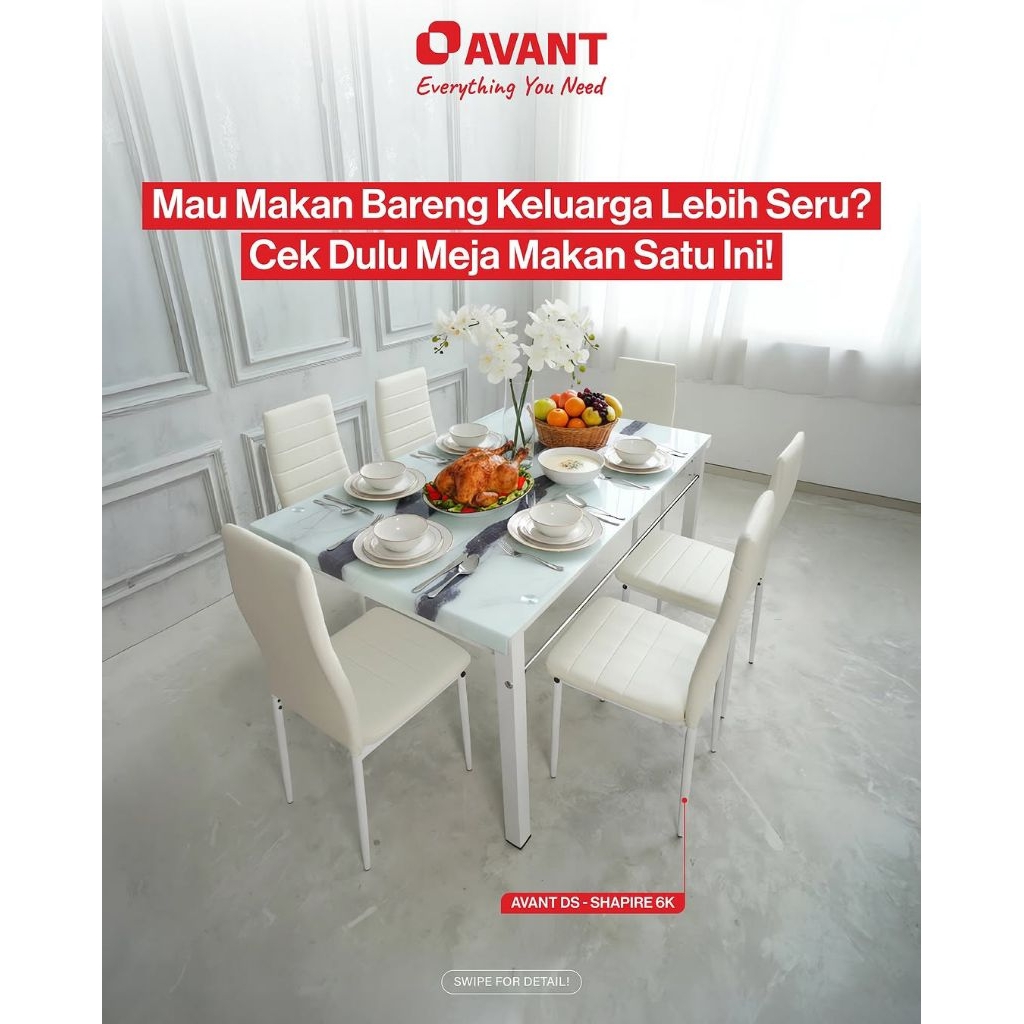 meja makan kaca 6 kursi 150 avant