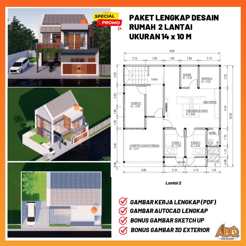 Paket Desain Rumah  2 Lantai Ukuran 14 x 10 meter 4 Kamar Tidur