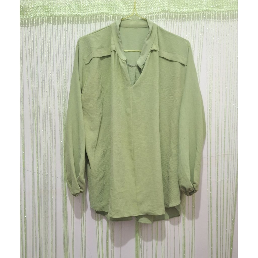 blouse blus wanita jumbo lengan panjang hijau sage, big size