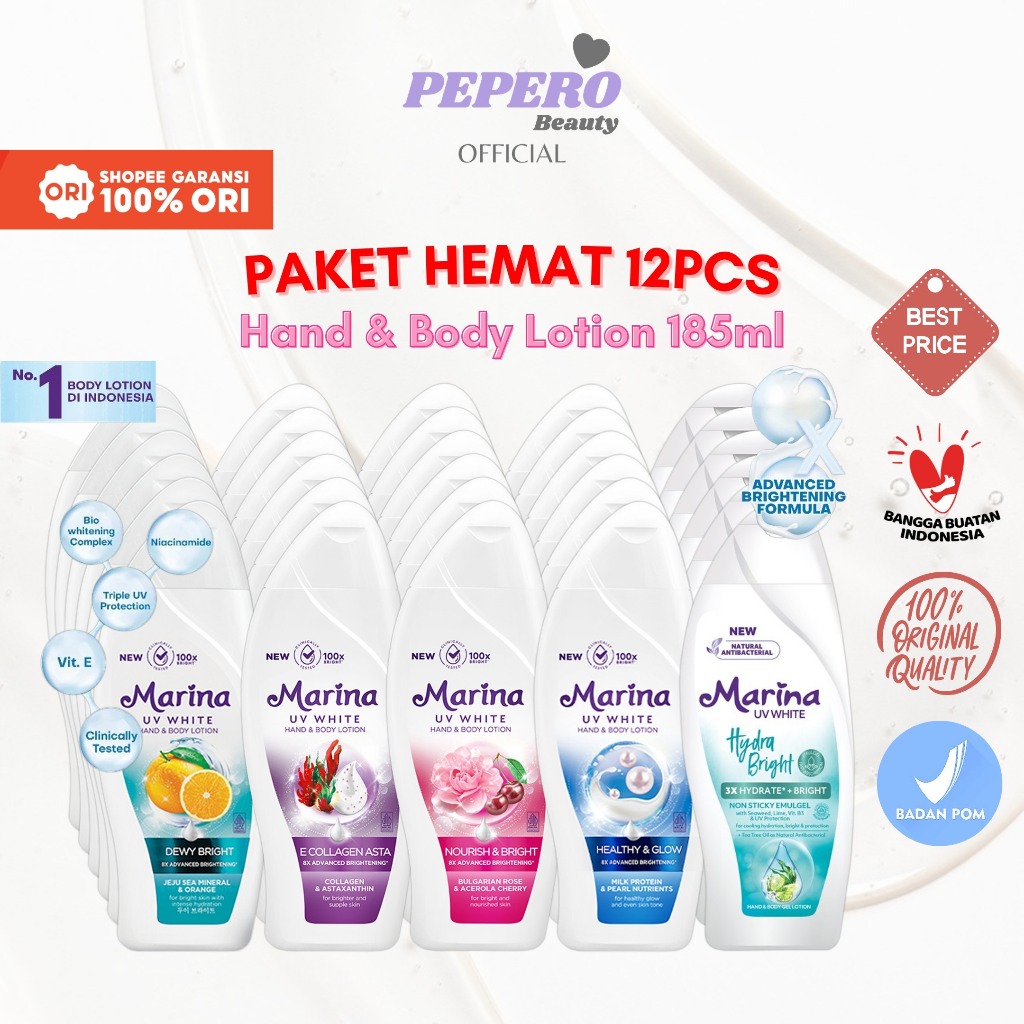 [PAKET 12PCS] MARINA Hand Body Lotion UV White 185ml - Nourish & Bright / Healthy & Glow / Dewy Brig