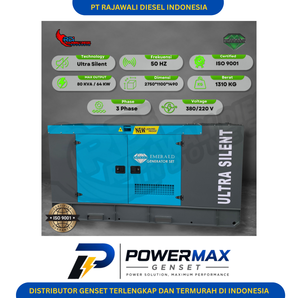 Genset Emerald 80 KVA Ultra Silent Type Bahan Bakar Diesel 3 Phase 380V Harga Bisa Di Negosiasikan