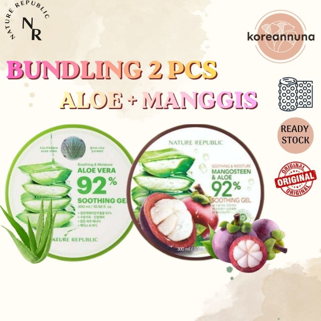[2 PCS] NATURE REPUBLIC ALOE VERA 92% + MANGOSTEEN ALOE 92% Soothing & Moisture Gel 300ml