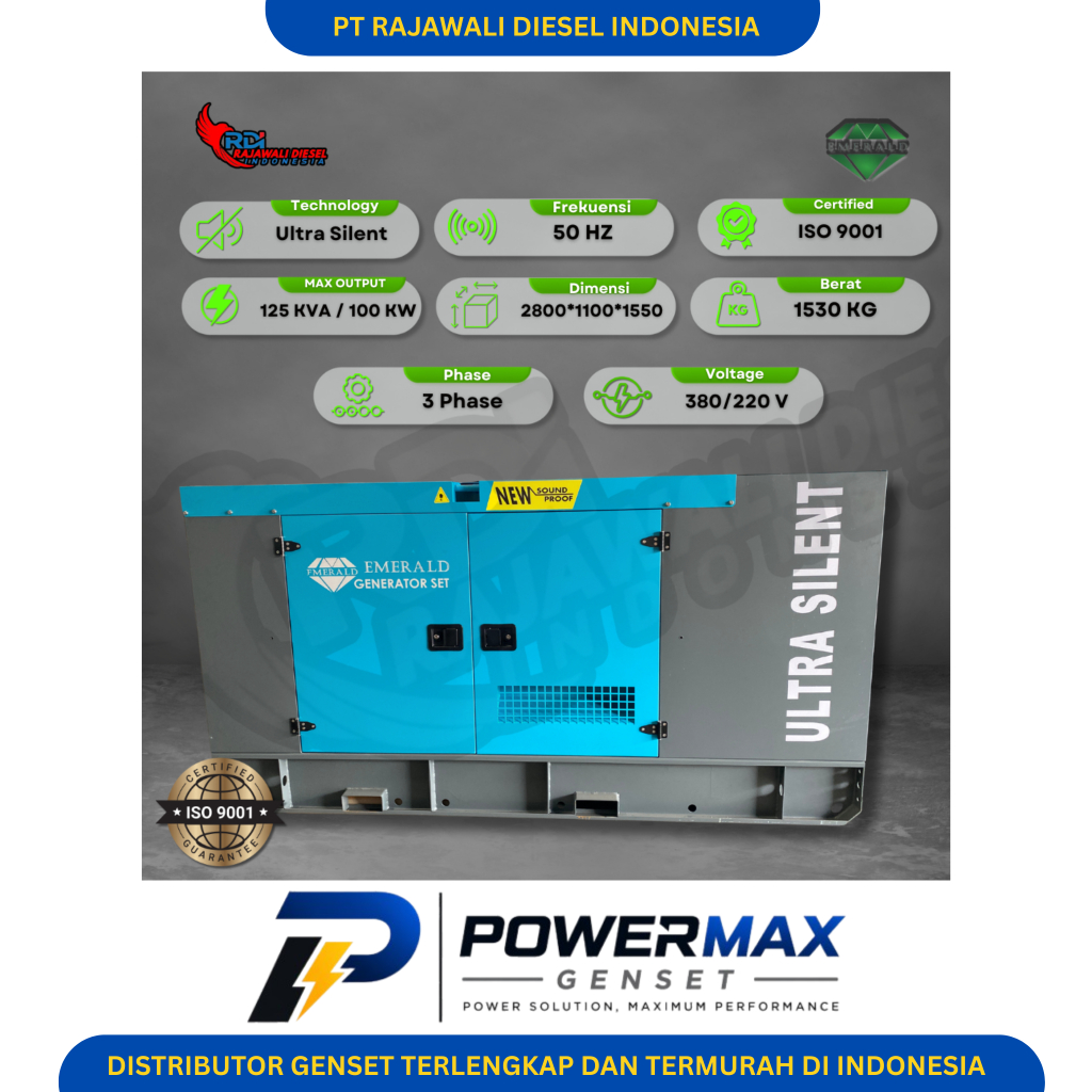 Genset Emerald 125 KVA Ultra Silent Type Bahan Bakar Diesel 3 Phase 380V Harga Bisa Di Negosiasikan