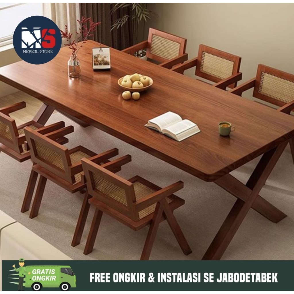 meja makan full kayu mahoni - meja makan 200 × 80 - meja makan model kaki X kayu mahoni