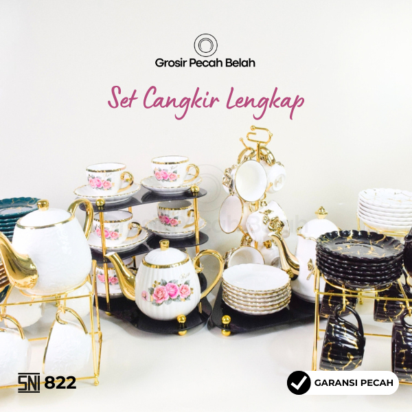 Fiorenza - Tea Set Cangkir & Gelas Kopi Teh dengan Rak Set Cangkir Teko Keramik Elegan & Estetik | M