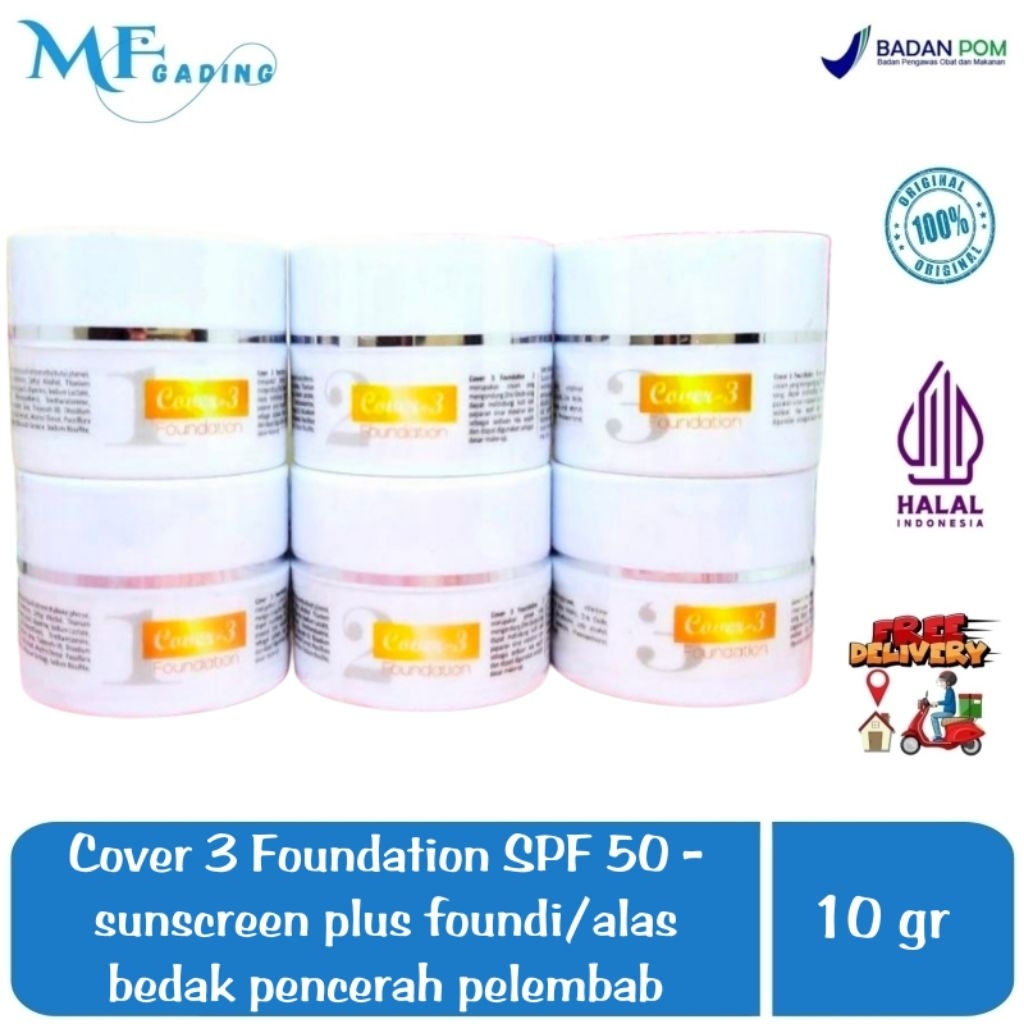 Cover 3 Foundation SPF 50 no 1 / no 2 - krim tabir surya plus foundi / alas bedak pemutih pencerah p