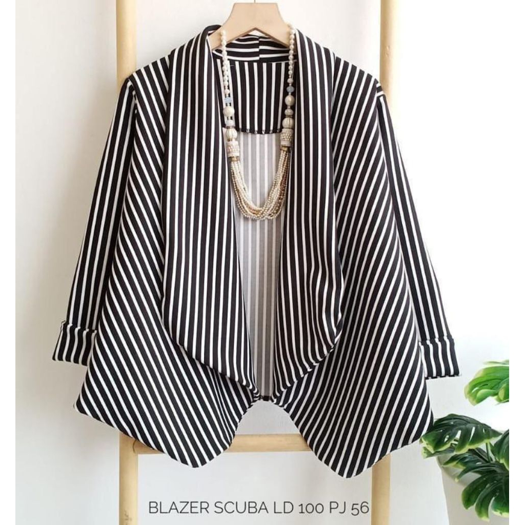 Blazer Scuba Premium Import Salur Hitam Putih Elegan Formal Atasan Kerja Wanita Trendy