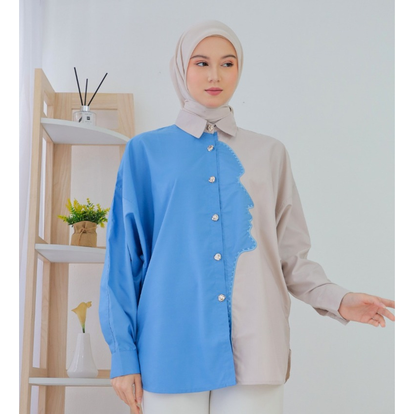 Personal Nice - Ruby Shirt Black Blue Bahan Katun Allsize | Kemeja Kerja Oversize Bordir Siluet