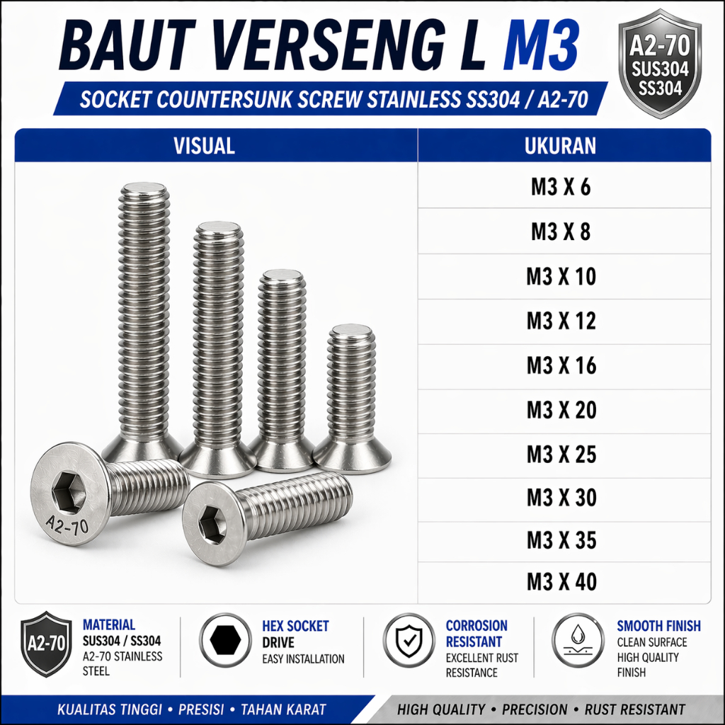 Baut Verseng L M3X6 / Baut JFL 3X6 / Countersunk L M3 X 6 / 3 X 6  - Socket Countersunk Screw Stainl