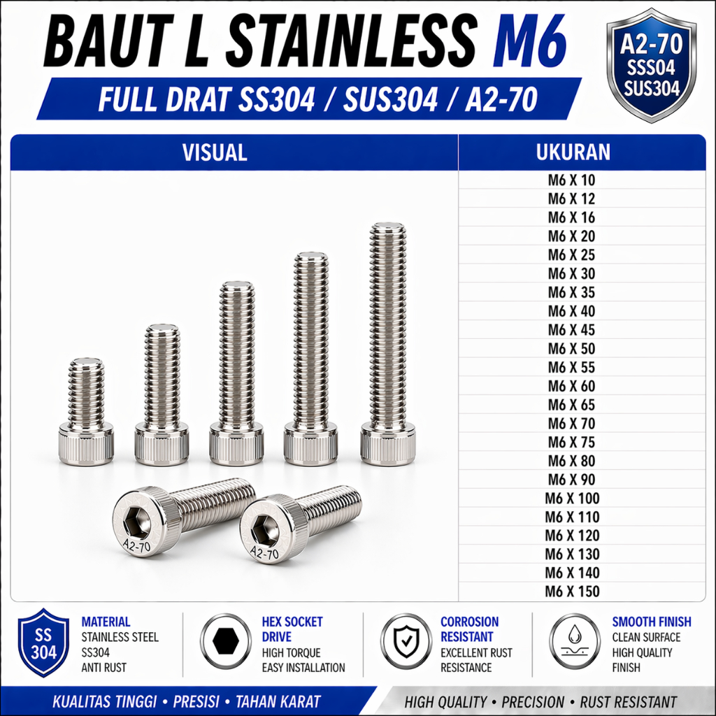 Baut L Stainless M6X130 / 6X130 / M6 X 130 / 6 X 130 Full Drat SS304 / SUS304 / A2-70