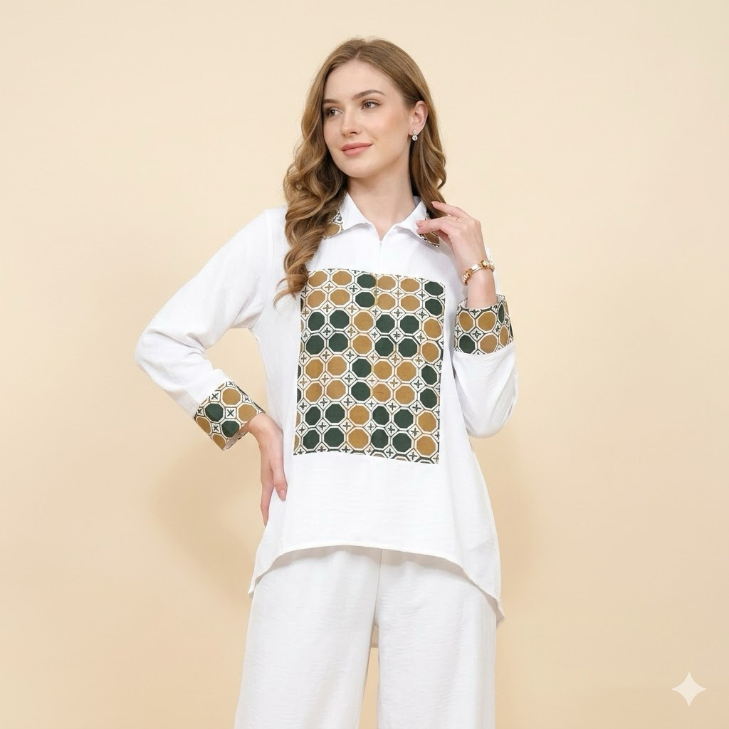 Shanaya baju batik wanita blus cundamani warna putih bahan toyobo kombinasi cap garutan blouse atasa