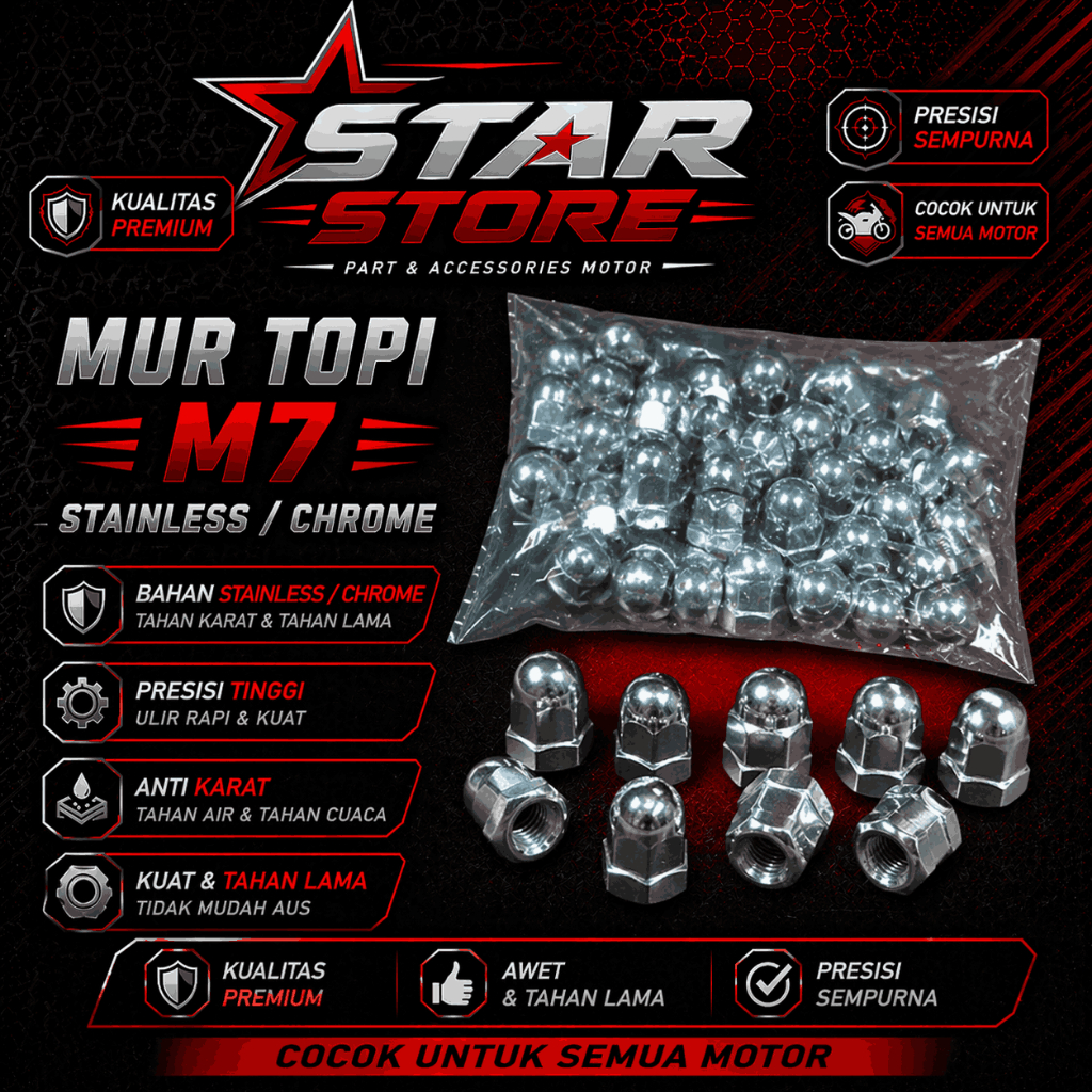Mur Topi M7 Stainless / Chrome – Varian Tinggi & Pendek – Mur Tutup Baut Anti Karat Kuat & Presisi