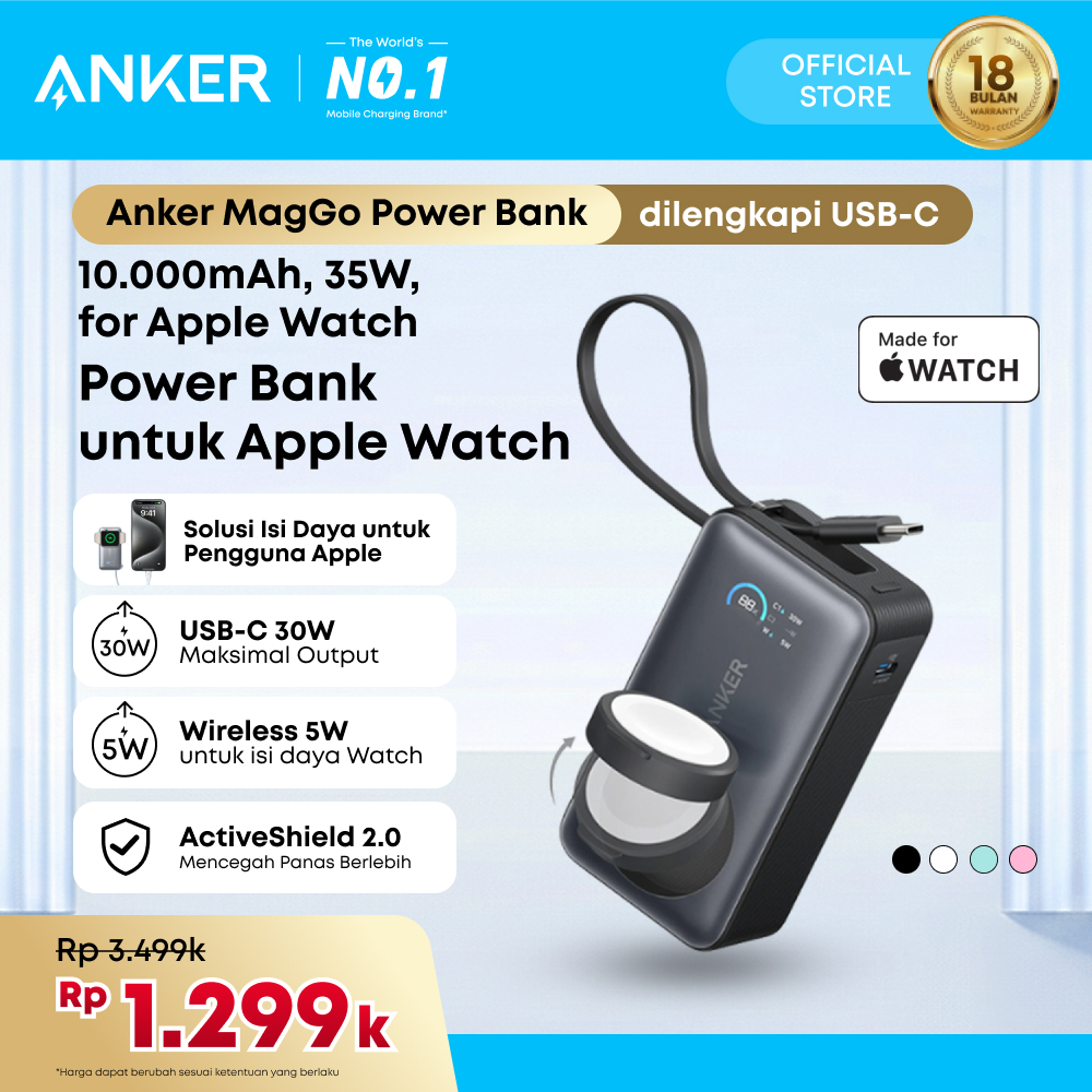 Anker MagGo Power Bank for Apple Watch 10,000 mAh Compact Battery Pack with Built-in USB-C Cable 35W