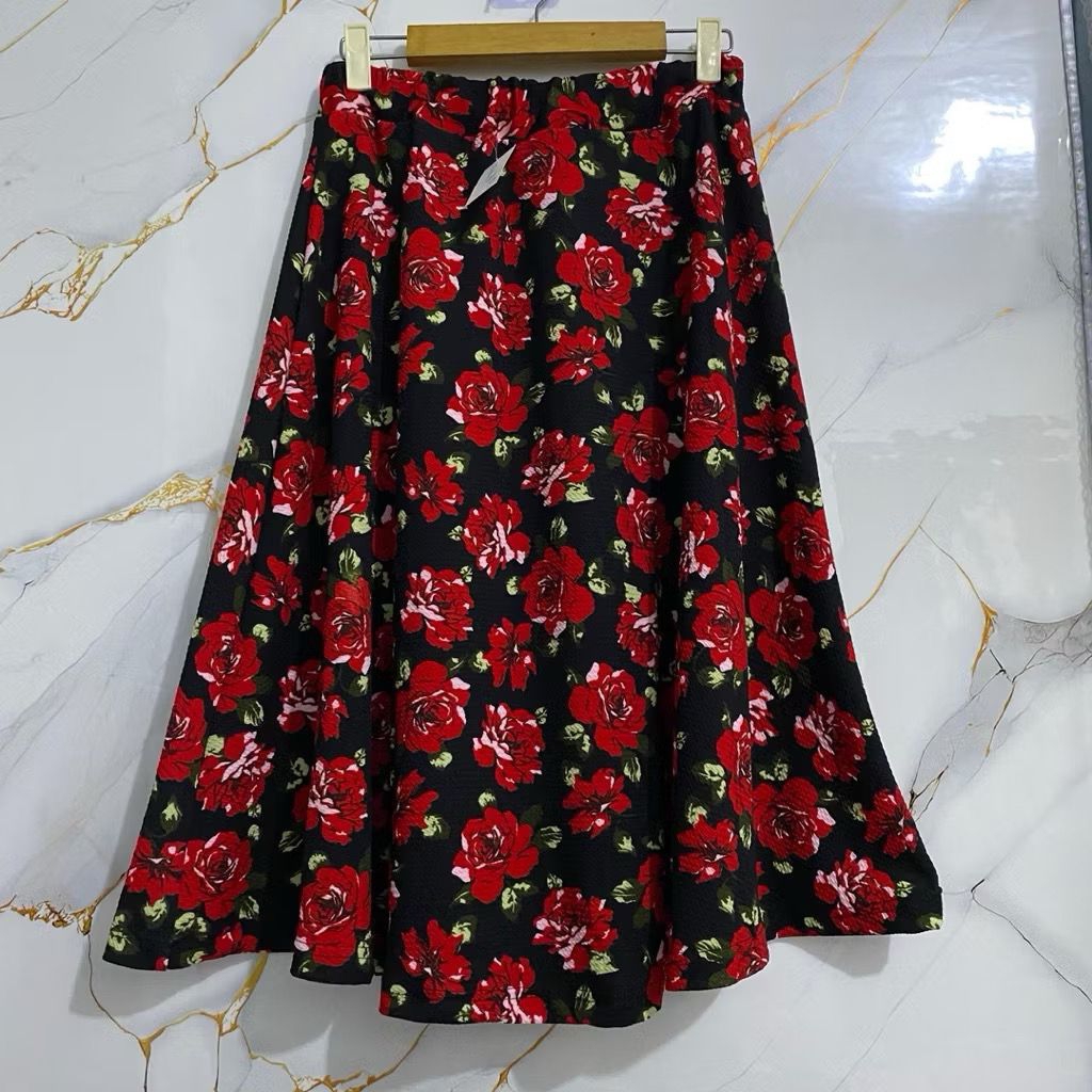 Rok Payung Wanita 7/9 Dibawah Lutut Rok Wafel Motif Bunga Mawar