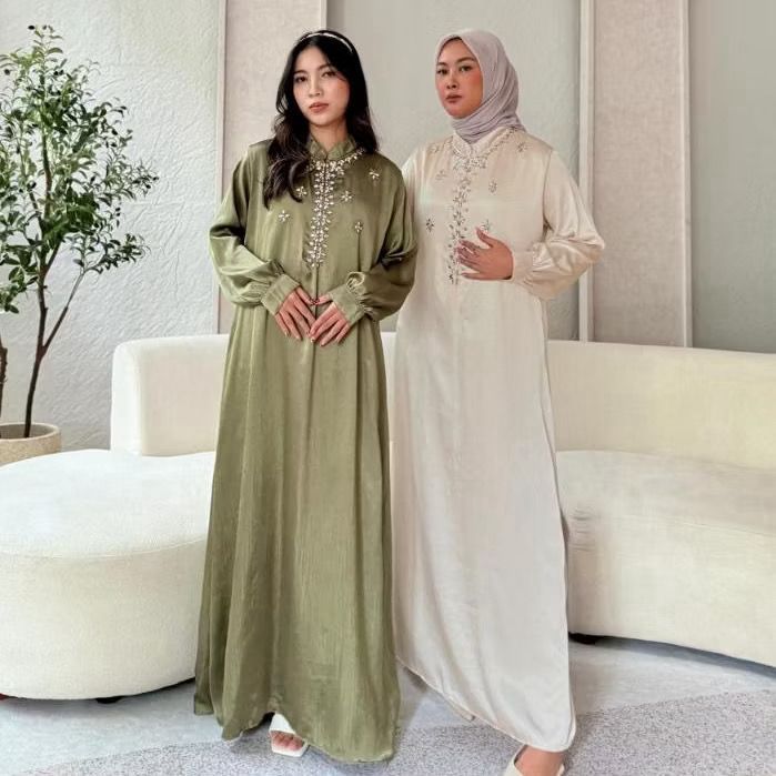 Kikey_id - Dress Silk Premium Payet Swarovski / Dress Muslim Kondangan Mewah / Gamis Satin Silk Eleg