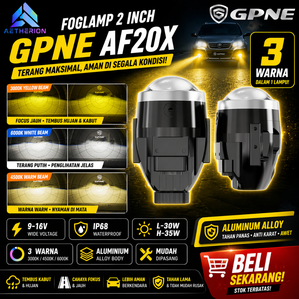 LAMPU UTAMA KABUT SOROT MOBIL 3 WARNA BILED PROJECTOR FOGLAMP 2 INCH GPNE AF20X AES SABER