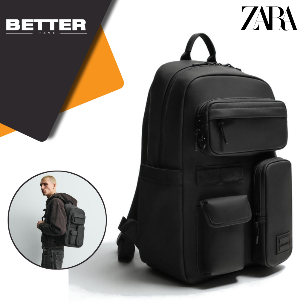 Tas ZARA backpack ransel traveling pria daily banyak kantong full black