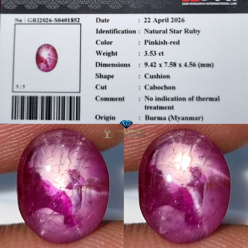 Hot Item Natural Star Ruby 3.53 Belang Koi Crt No Heated (Burma Myanmar) Id.card GRI.lab