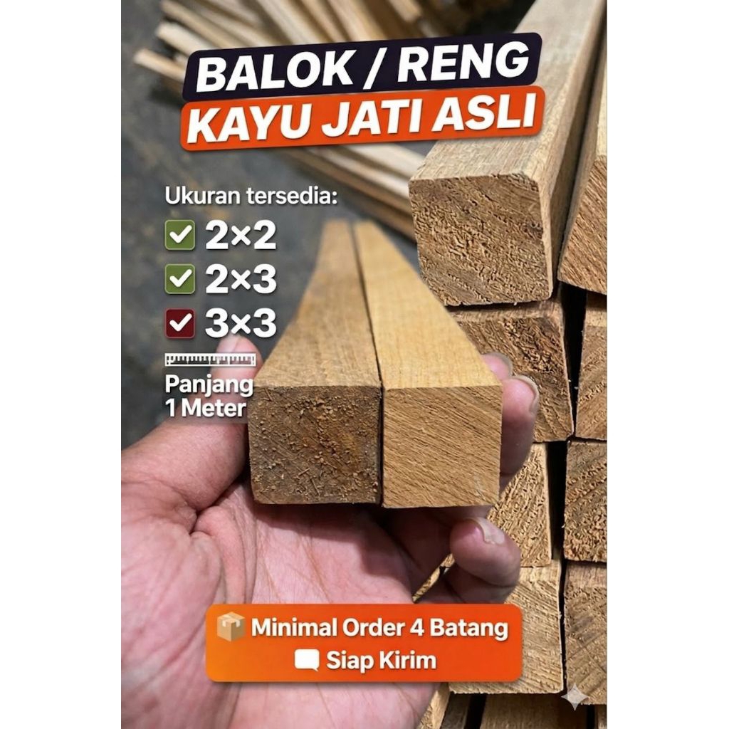balok 3x3 panjang 1 meter kayu jati asli