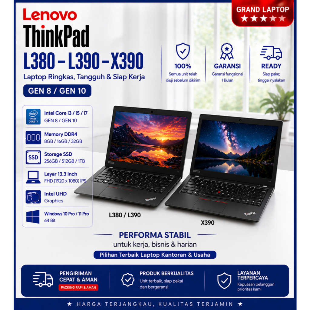 Laptop Lenovo Thinkpad X390 L380 L390 Core I5/I7 Gen 8 10 - Layar 13,3" Inch LIKE NEW SUPER MURAH MU