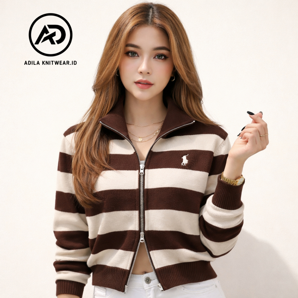 CARDIGAN RAJUT PREMIUM LOGO BORDIR OLOP SWEATER JAKET WANITA KOREAN STYLE DESAIN DOUBLE ZIPPER
