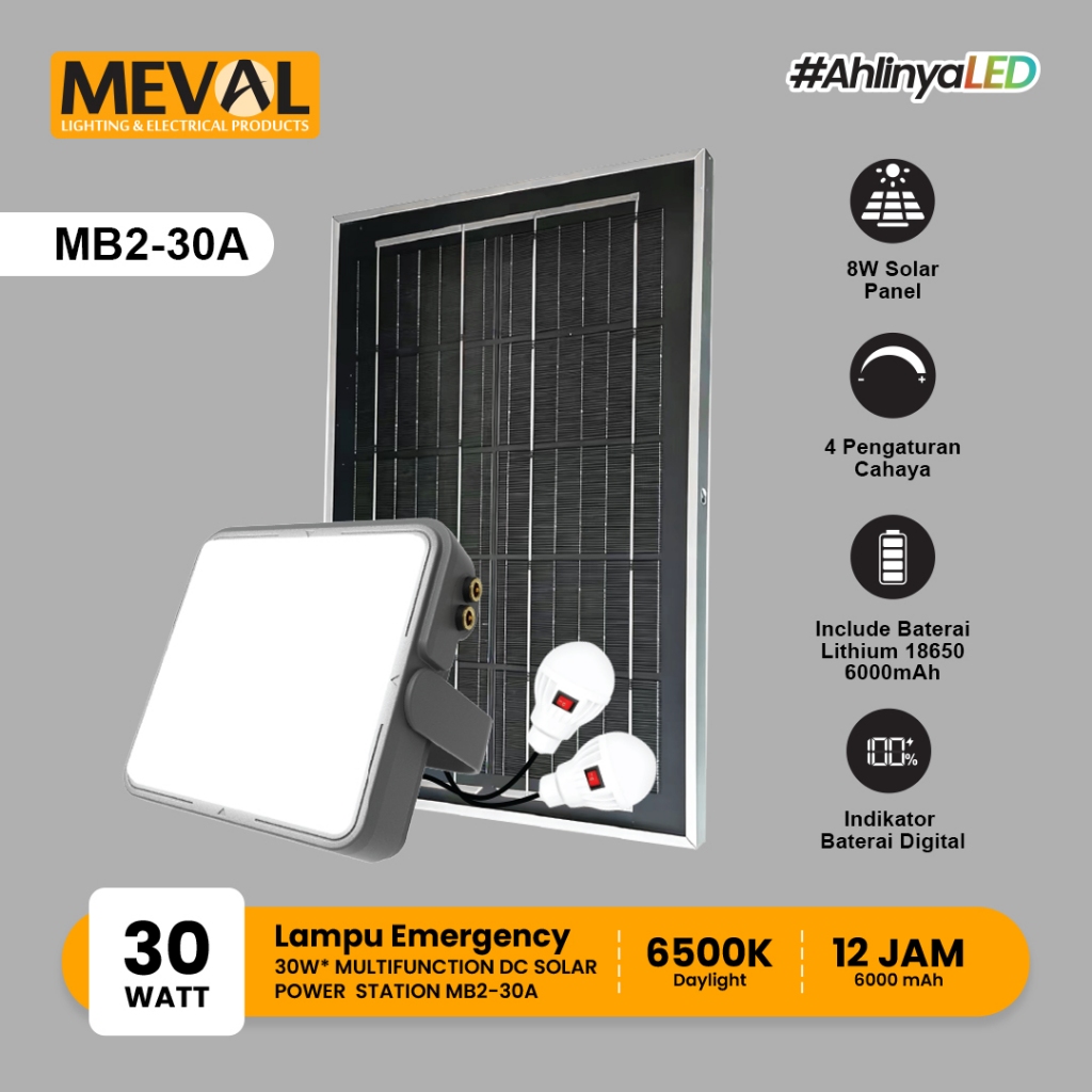 Meval Lampu Emergency Solar | Lampu Kerja Multifungsi  Dengan Panel Surya Darurat Portable Tahan Hin