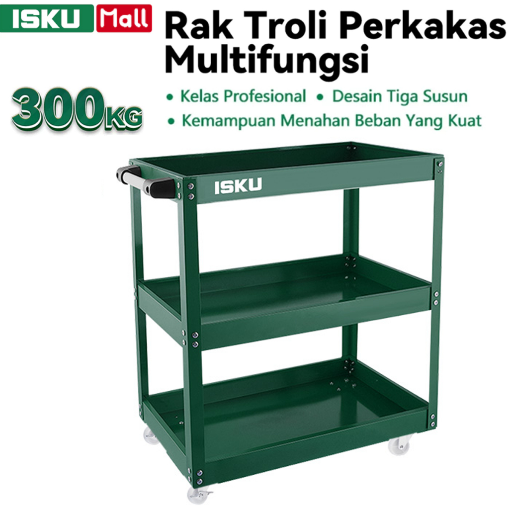 ISKU Troli Perkakas Rak Bengkel 3 Susun Besi Trolley Alat Mekanik Workshop Tool Cart Tiga Tingkat Ro