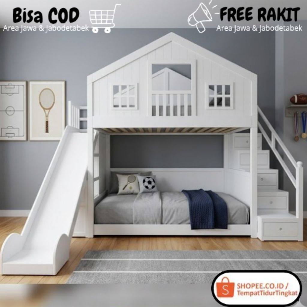 Tempat Tidur Tingkat Plus Perosotan , Ranjang Anak Murah Warna Putih