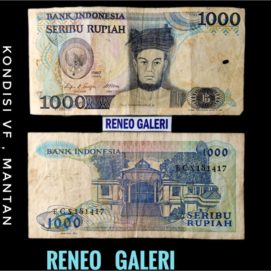 VF 1000 Rupiah Sisingamangaraja Tahun 1987 uang kertas kuno duit lama jadul bekas asli original Indo