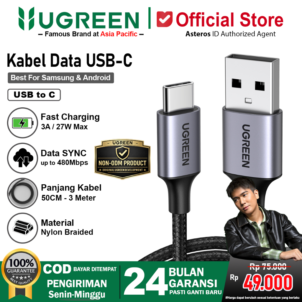 UGREEN Kabel Data USB Type C Nylon Braided Fast Charging 3A 1M 2M 3M