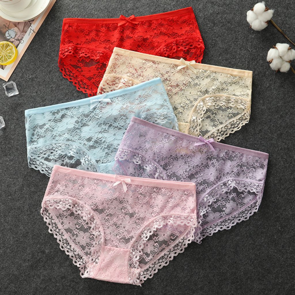 Celana Dalam CD Bahan Lace Brukat Flower Panties Wanita Pakaian Sexy Polyester.