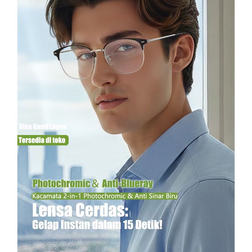 Kacamata Photochromic Pria Anti Radiasi Minus 3 in 1 Bluecromic Normal Logam Frame Wanita