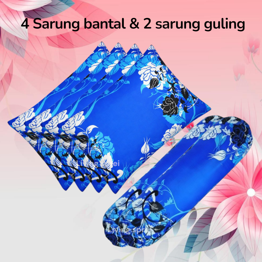 1 Set - 4 Sarung Bantal & 2 sarung Guling - Motif Bunga Mano Biru dengan Bahan Katun Disperse adem