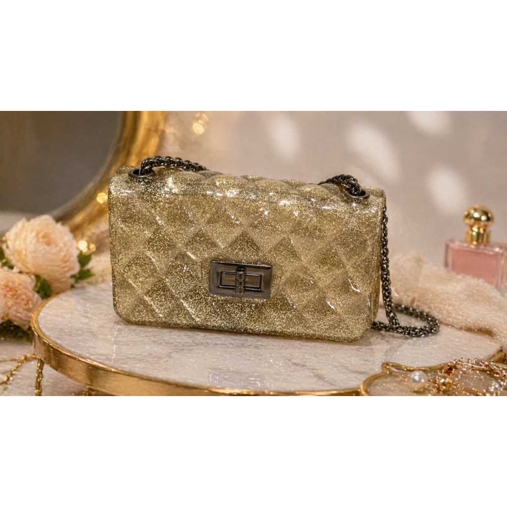 PPT001 Tas Slingbag Jelly Glossy Kecil Rantai Fashion Coklat Transparan