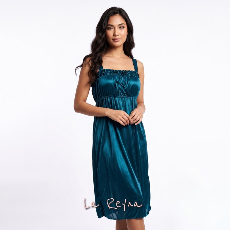 Lareyna Daster Silk Teal Blue Gaun Tidur Malam Satin Kerut Dada Mewah LG981