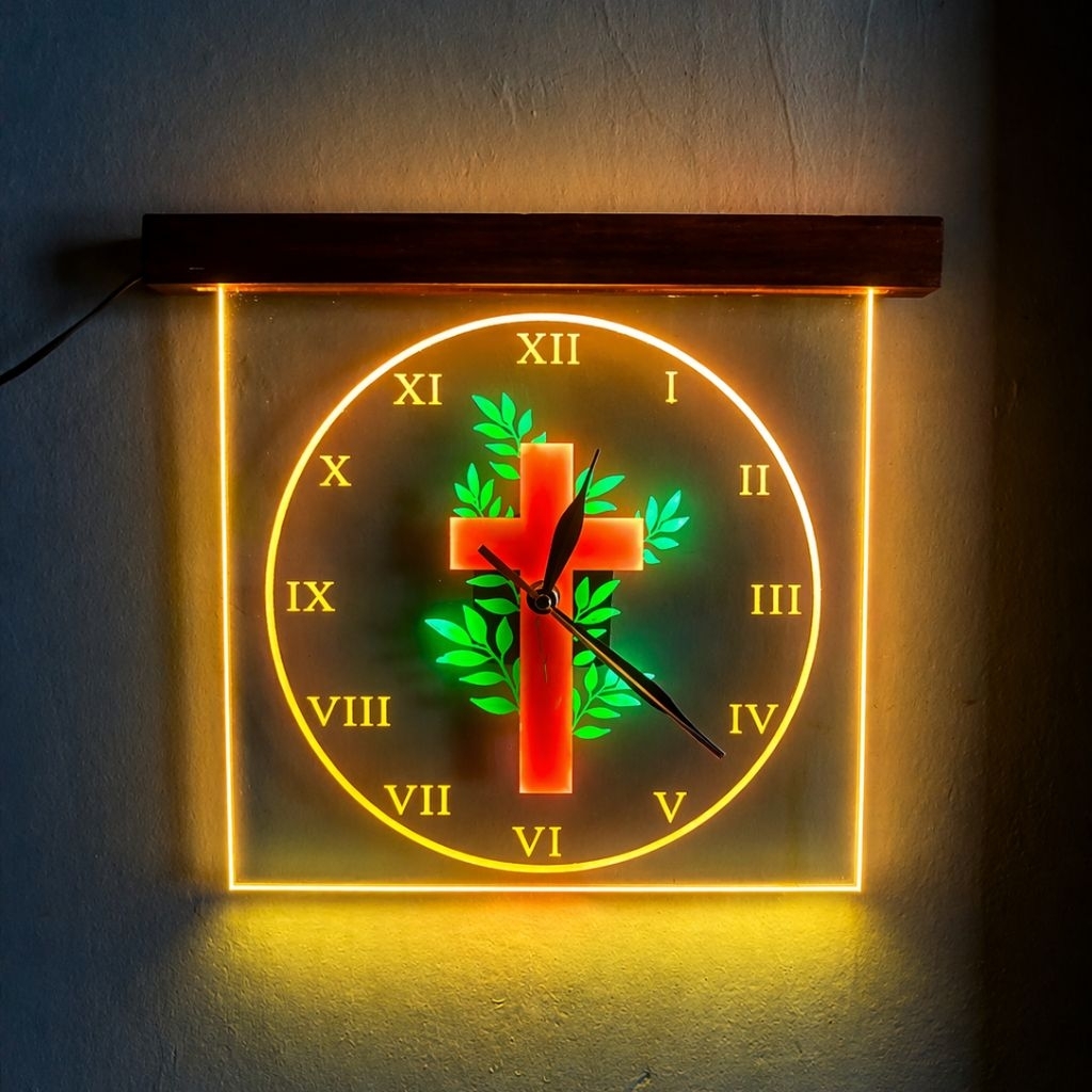 jam dinding bernuansa salib nasrani kristen bahan akrilik LED free batere AA lampu hias / lampu tidu