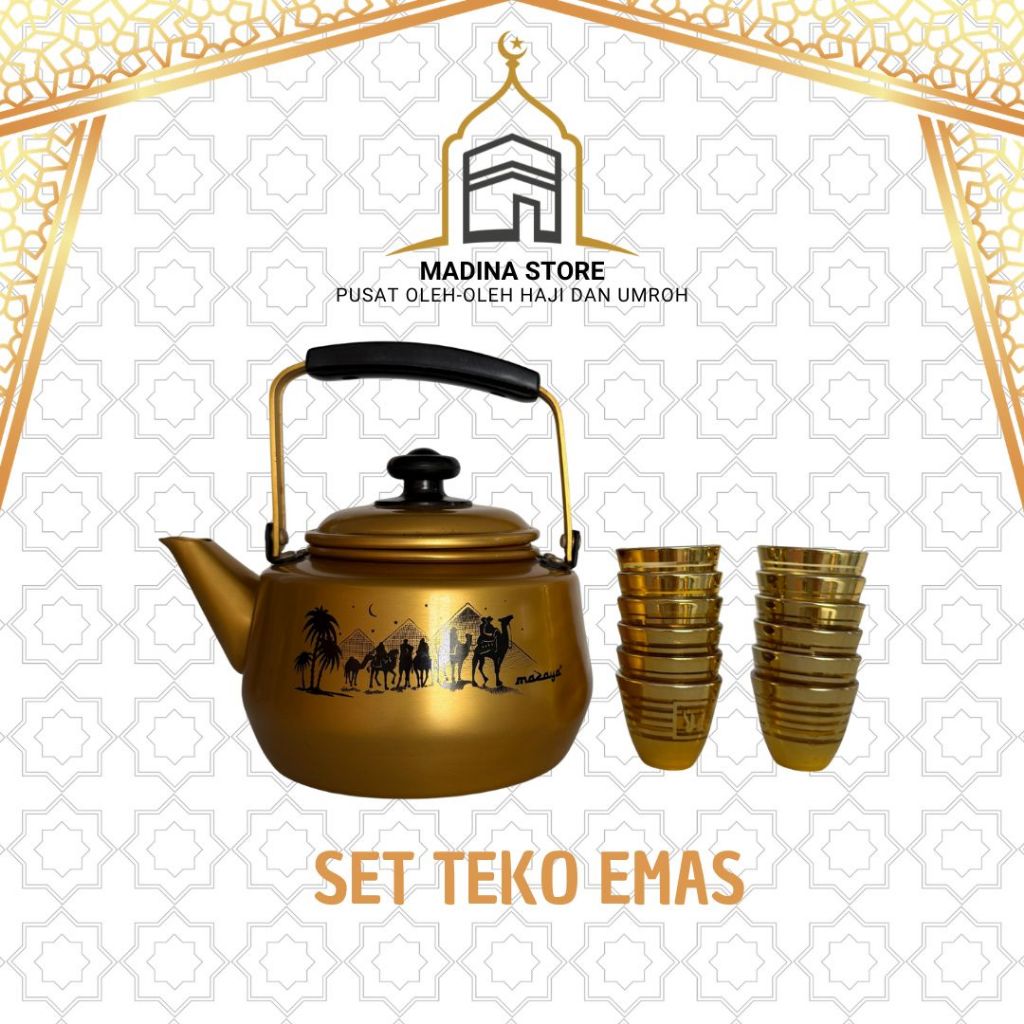 Set Teko Gelas Emas Zamzam Oleh-oleh Haji dan Umroh / Satuan Dan Grosir
