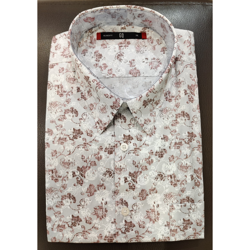 KEMEJA NEW ARRIVAL GQ ( GOOD QUALITY ) 56261004/18 RELAXED FIT PRINTING LENGAN PENDEK PUTIH ABU MUDA